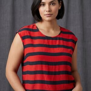 Broadway & Broome Women's Silk Striped Top Red Navy Cap Sleeve Blouse Medium